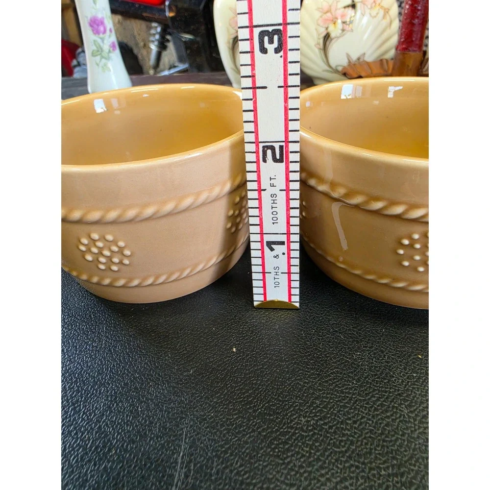 JM Smucker Co Tan Ceramic Bowls Set of 2 Embossed Rope Dot Crocks Vtg Style